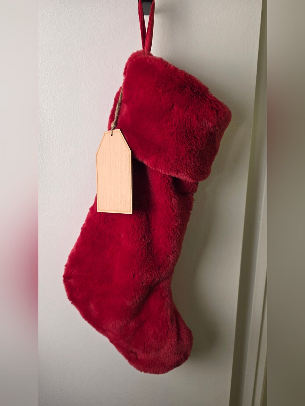 Martha Stewart Plush Faux Fur Holiday Stocking in Red With Wooden Tag